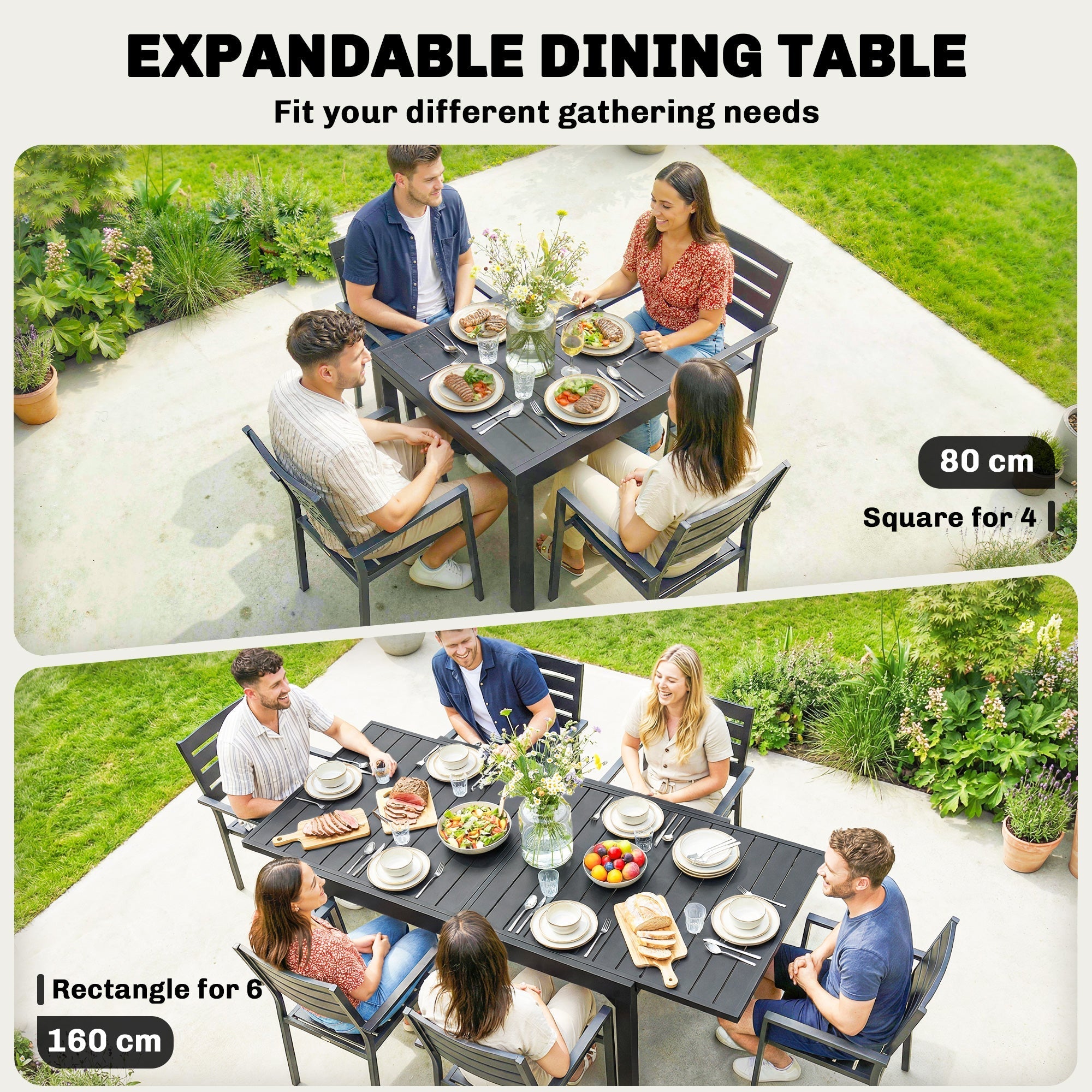 Black aluminium extending garden table 80w x 75h with slatted top and matching chairs for outdoor patio use