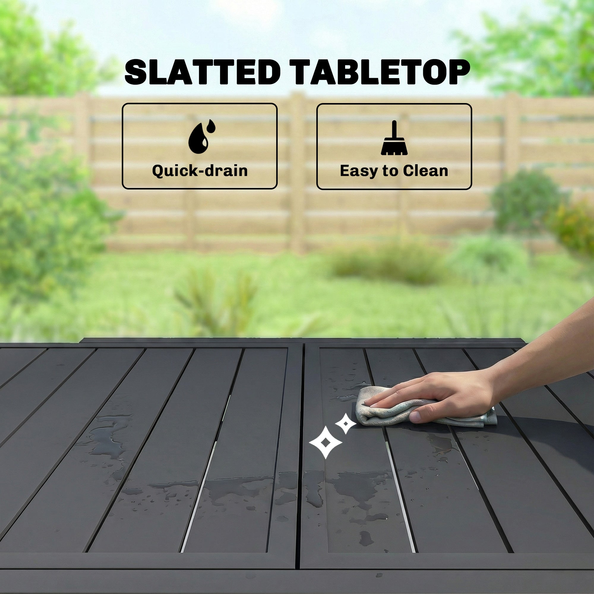 Black aluminium slatted top extending garden table 80w x 75h with quick-drain and easy-to-clean features