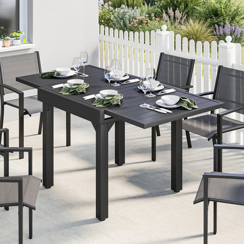 Black aluminium extending garden table with slatted top and sturdy legs 80w x 75h for outdoor dining
