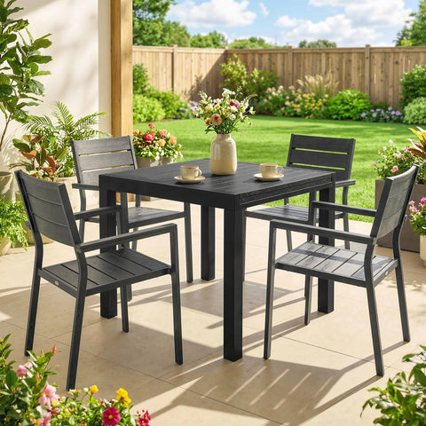 Black Outsunny extending garden table for 4-6 with aluminium frame and faux wood slatted top outdoor dining table