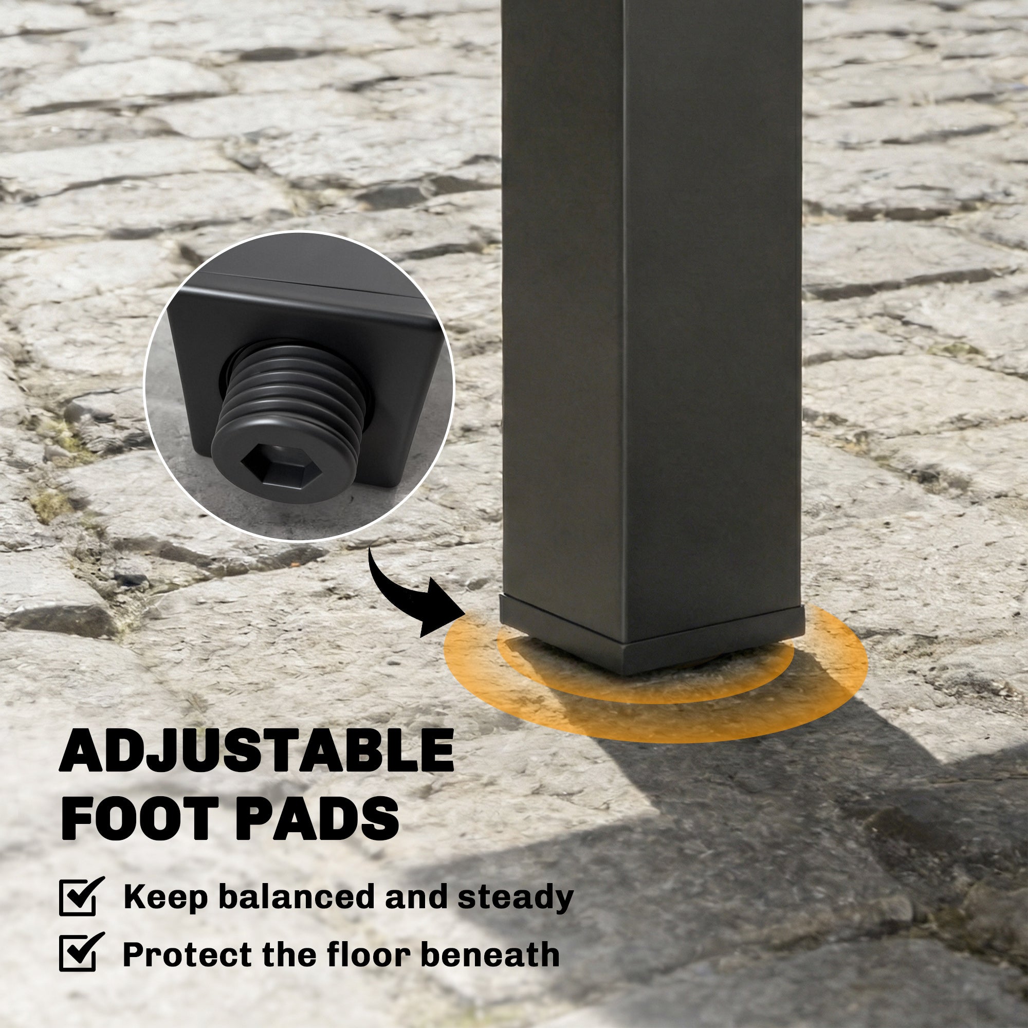 Black rectangular metal post with adjustable foot pads for stability on Outsunny extendable garden table aluminum frame