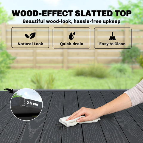 Dark gray wood-effect slatted tabletop on outsunny extendable garden table with quick-drain design for outdoor dining