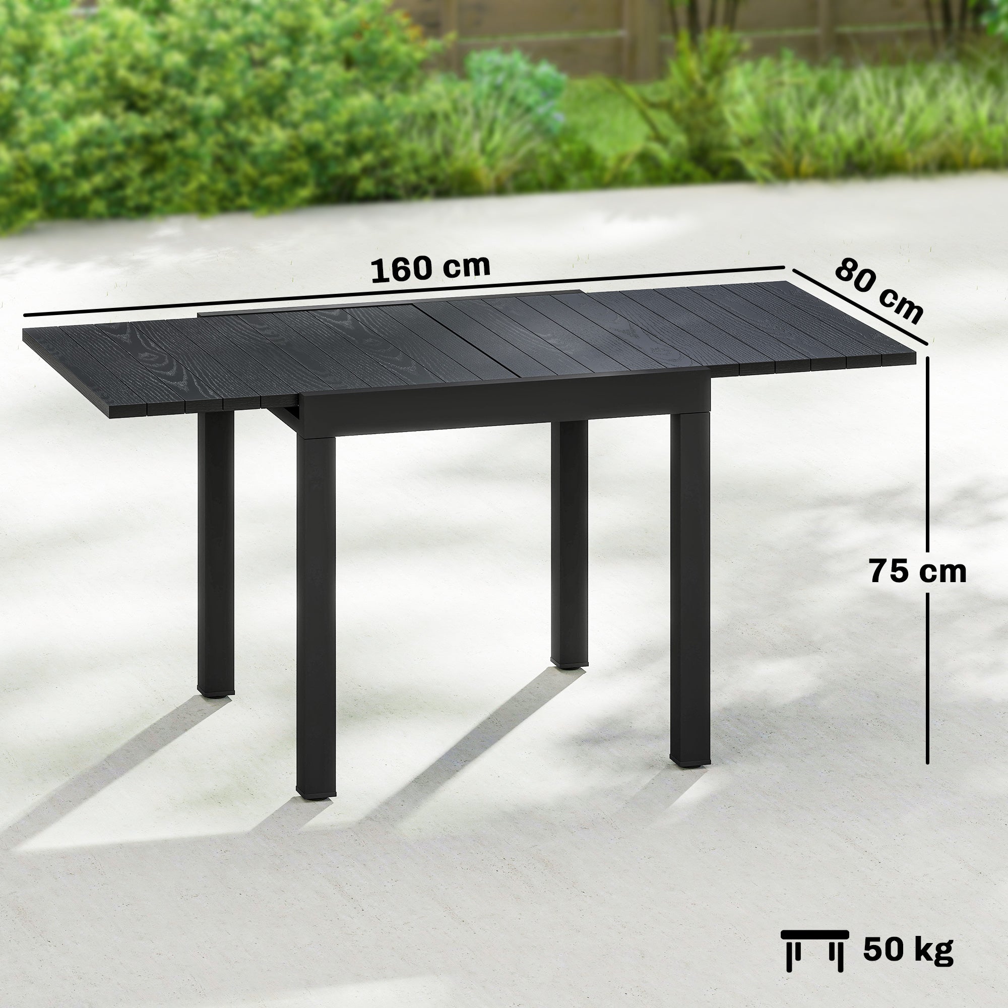 Black extendable garden table with faux wood slatted aluminium top and sturdy metal legs for outdoor dining