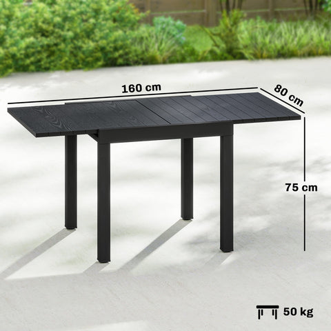 Black extendable garden table with faux wood slatted aluminium top and sturdy metal legs for outdoor dining