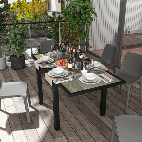 Modern black outsunny extending garden dining table with quality tempered glass top and aluminium frame for outdoor use