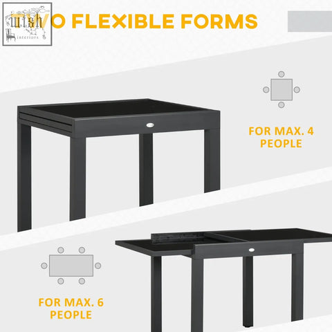Black outsunny extending garden dining table with aluminium frame and tempered glass top showing two flexible forms