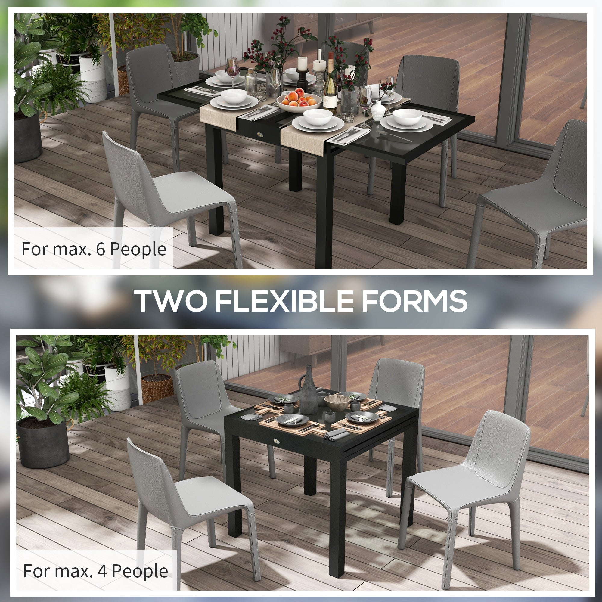 Black outsunny extending garden dining table with aluminium frame and quality tempered glass top in two sizes