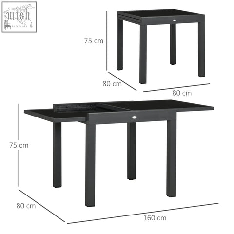 Black Outsunny extendable dining table with aluminium frame and tempered glass top perfect for outdoor use