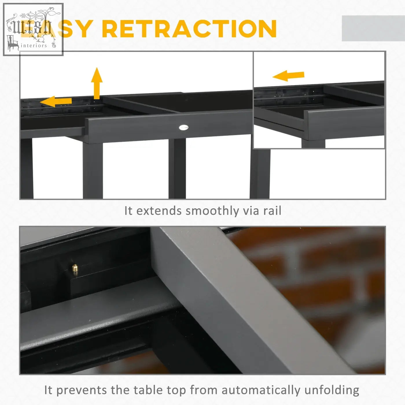 Black aluminium frame dining table with sliding rail mechanism and tempered glass tabletop for outdoor use