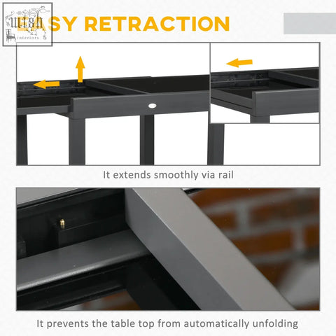 Black aluminium frame dining table with sliding rail mechanism and tempered glass tabletop for outdoor use
