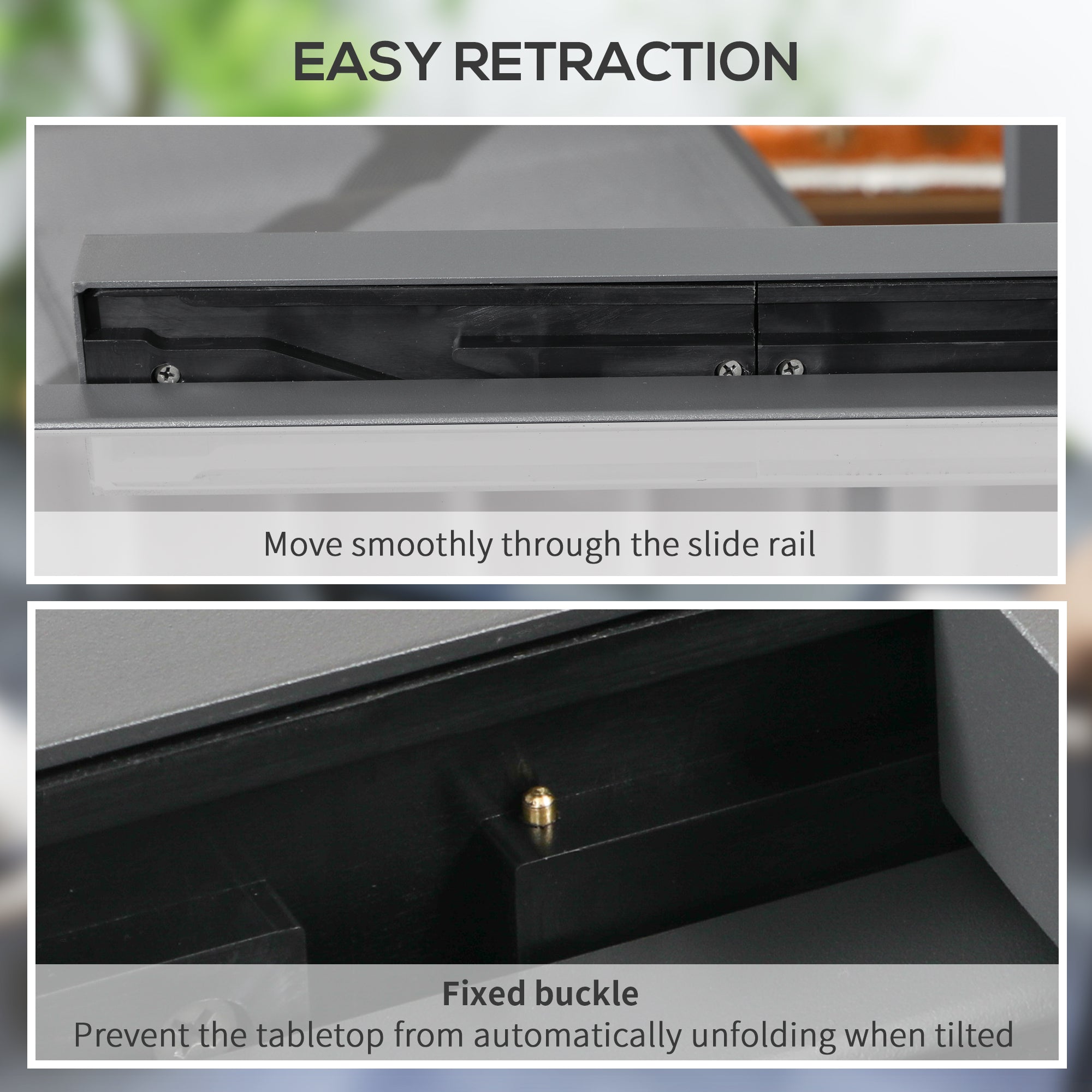 Gray metallic slide rail with black inner track and gold buckle for tablet support on outsunny extending dining table with tempered glass
