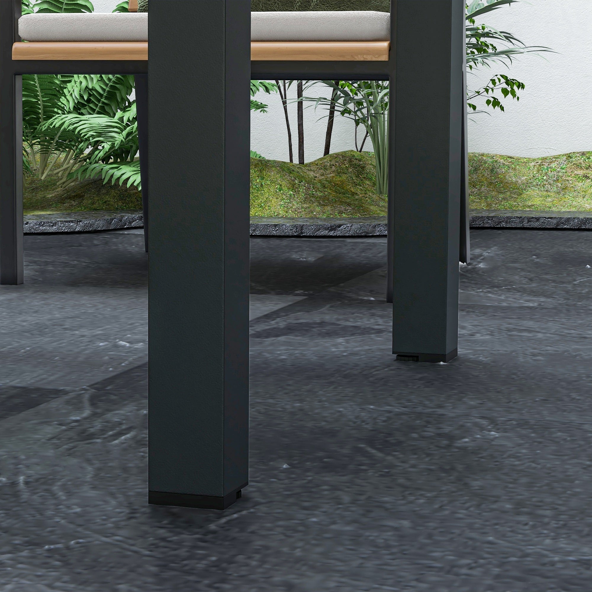 Dark gray metal legs of outsunny extending garden dining table with quality tempered glass tabletop in black and clear