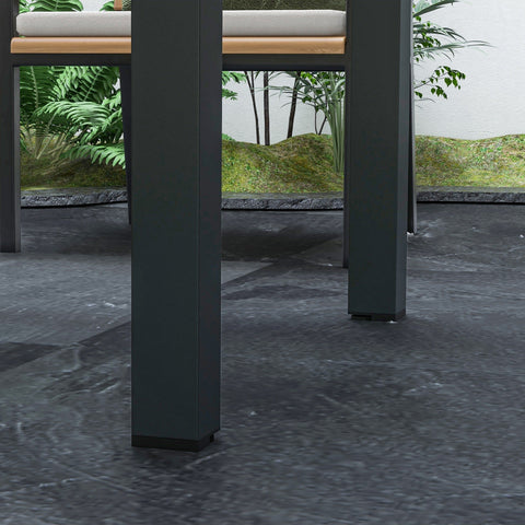 Dark gray metal legs of outsunny extending garden dining table with quality tempered glass tabletop in black and clear