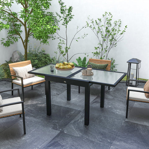 Outsunny extending garden dining table with sleek metal legs and quality tempered glass black glass top