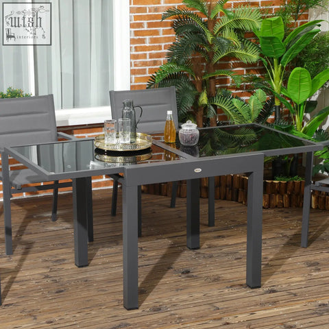 Modern gray outsunny extending garden dining table with tempered glass top and sturdy black aluminium frame