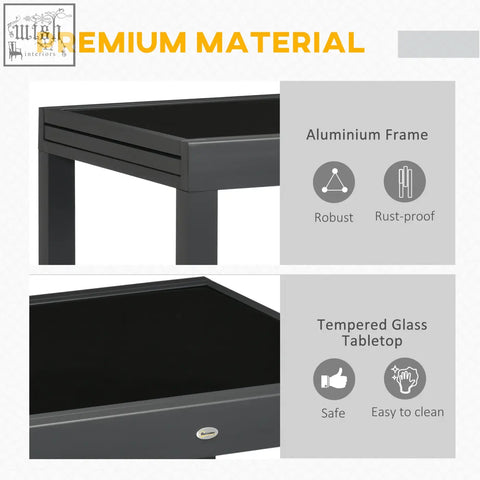 Black outsunny extending garden dining table with tempered glass tabletop and sturdy aluminium frame