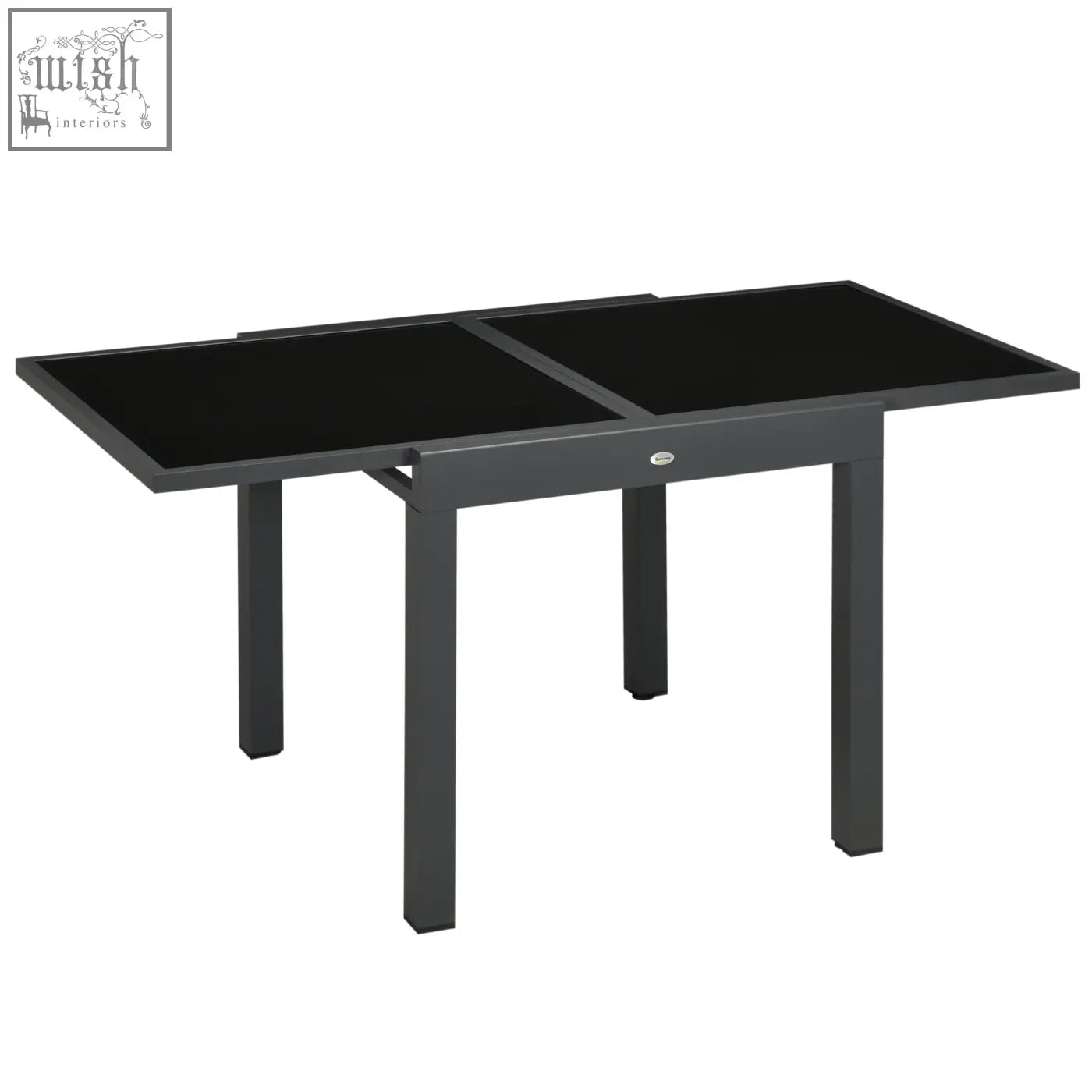 Outsunny extending garden dining table in black with tempered glass top and sleek aluminium frame legs