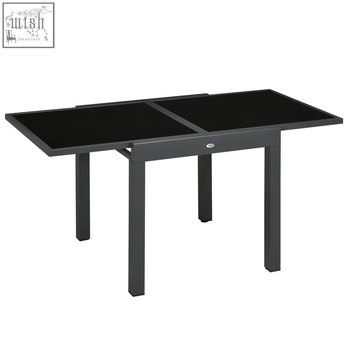 Outsunny extending garden dining table in black with tempered glass top and sleek aluminium frame legs