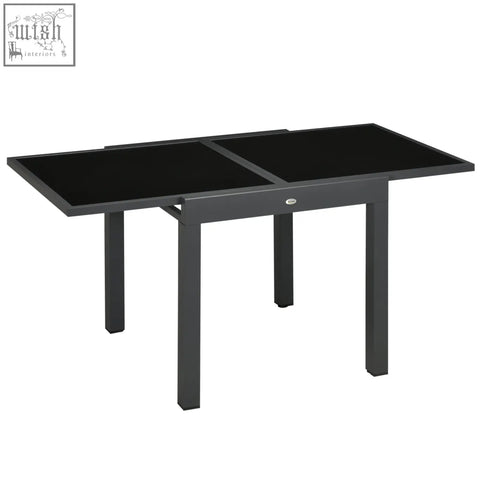 Outsunny extending garden dining table in black with tempered glass top and sleek aluminium frame legs