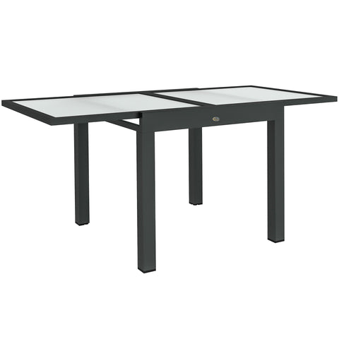 Modern outdoor dining table with dark gray aluminum frame and extendable quality tempered glass panels by Outsunny
