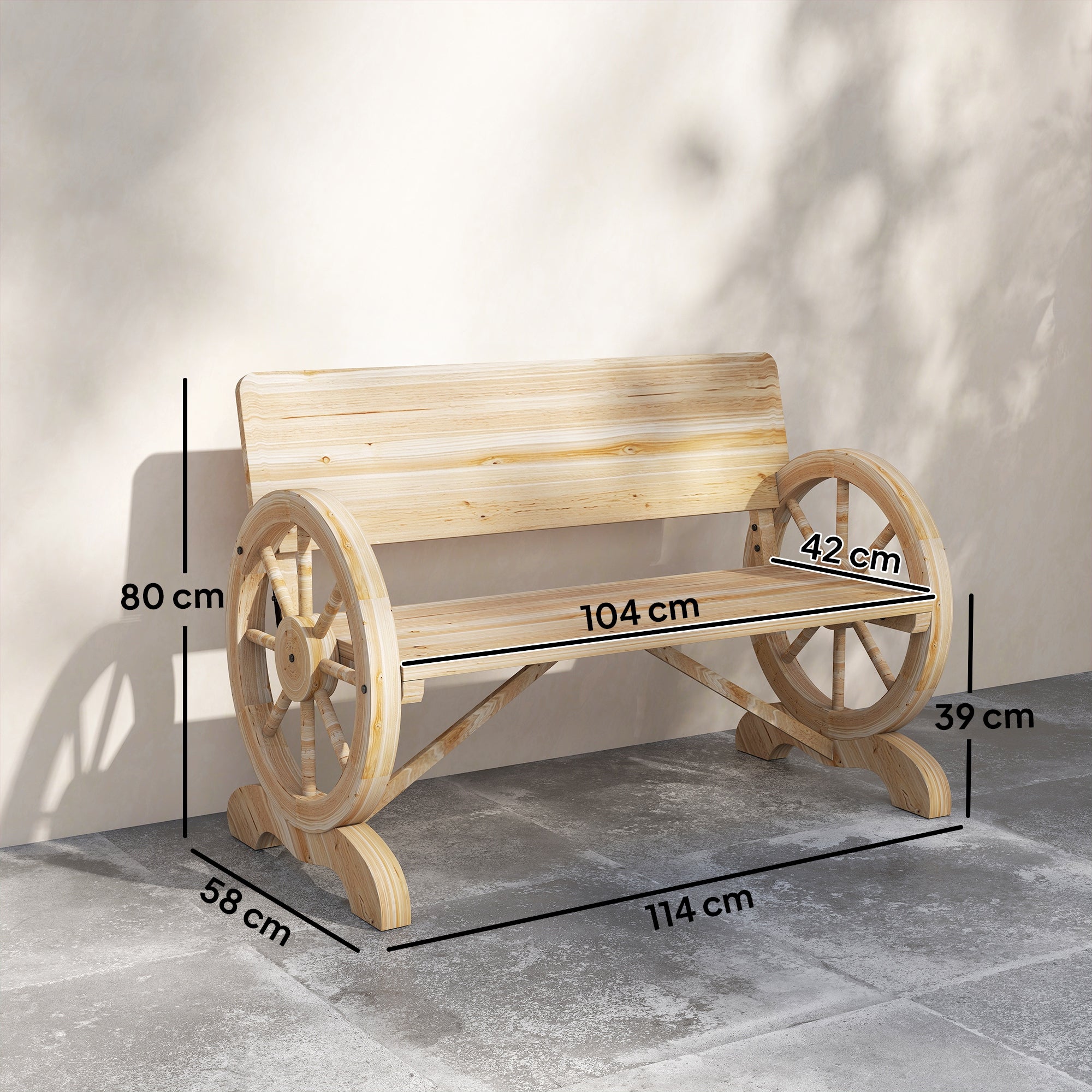 Outsunny fir wood 2-seater wagon wheel bench with natural wood finish and slatted backrest for outdoor garden use