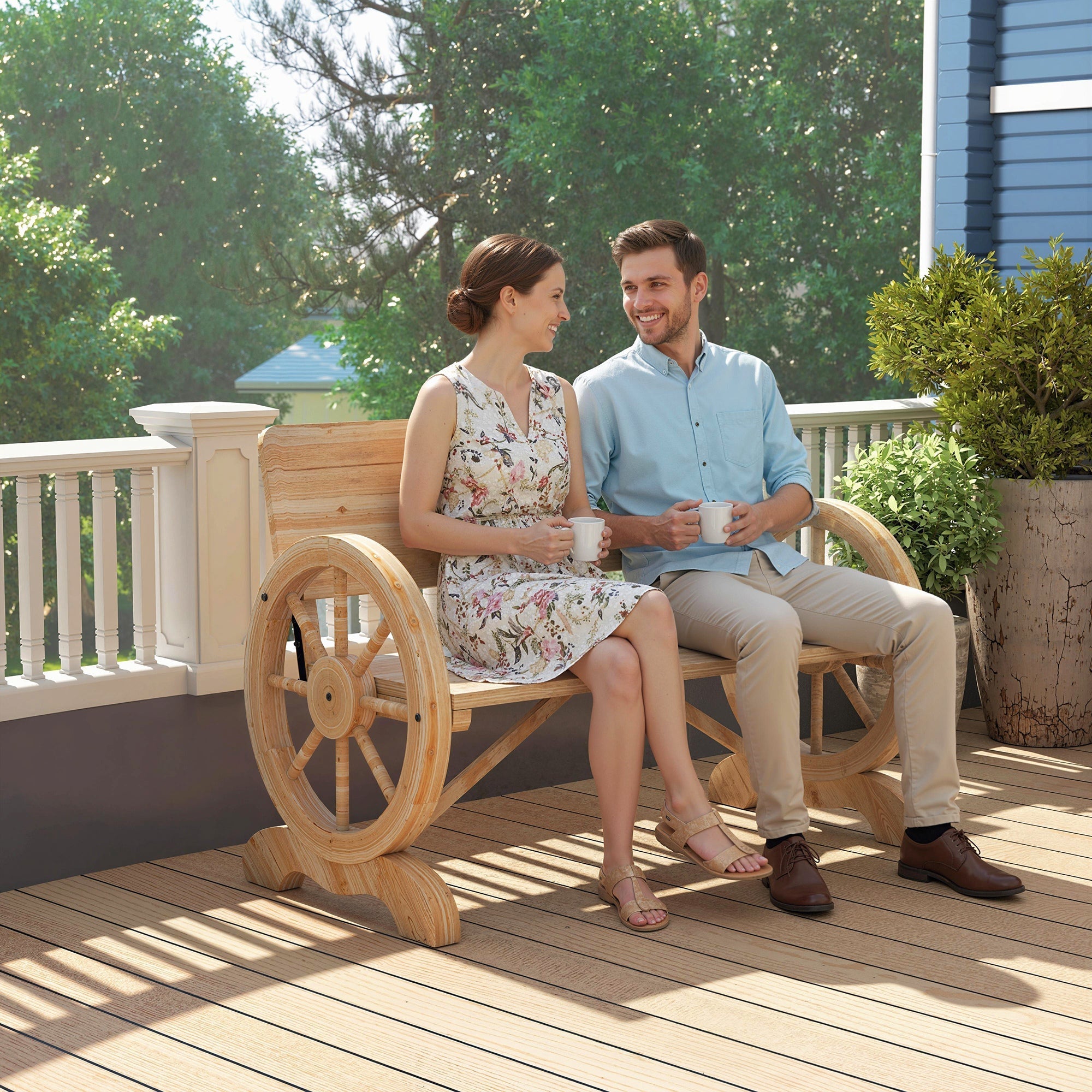 Light-colored fir wood wagon wheel bench with natural wood finish perfect for outdoor garden seating