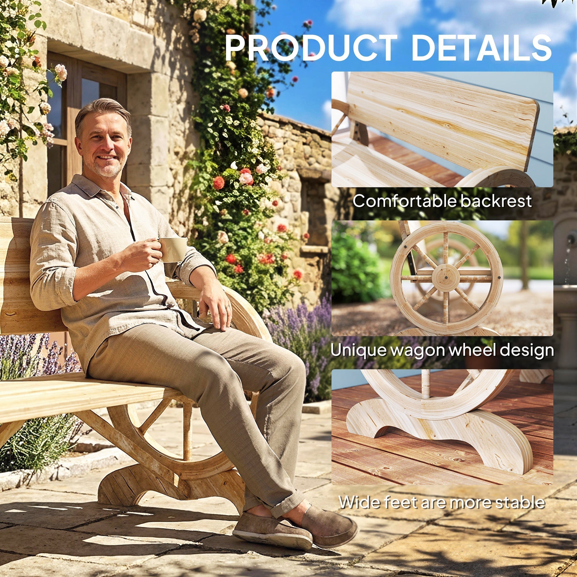 Light-colored fir wood wagon wheel bench with natural wood finish and wide stable feet for outdoor garden seating