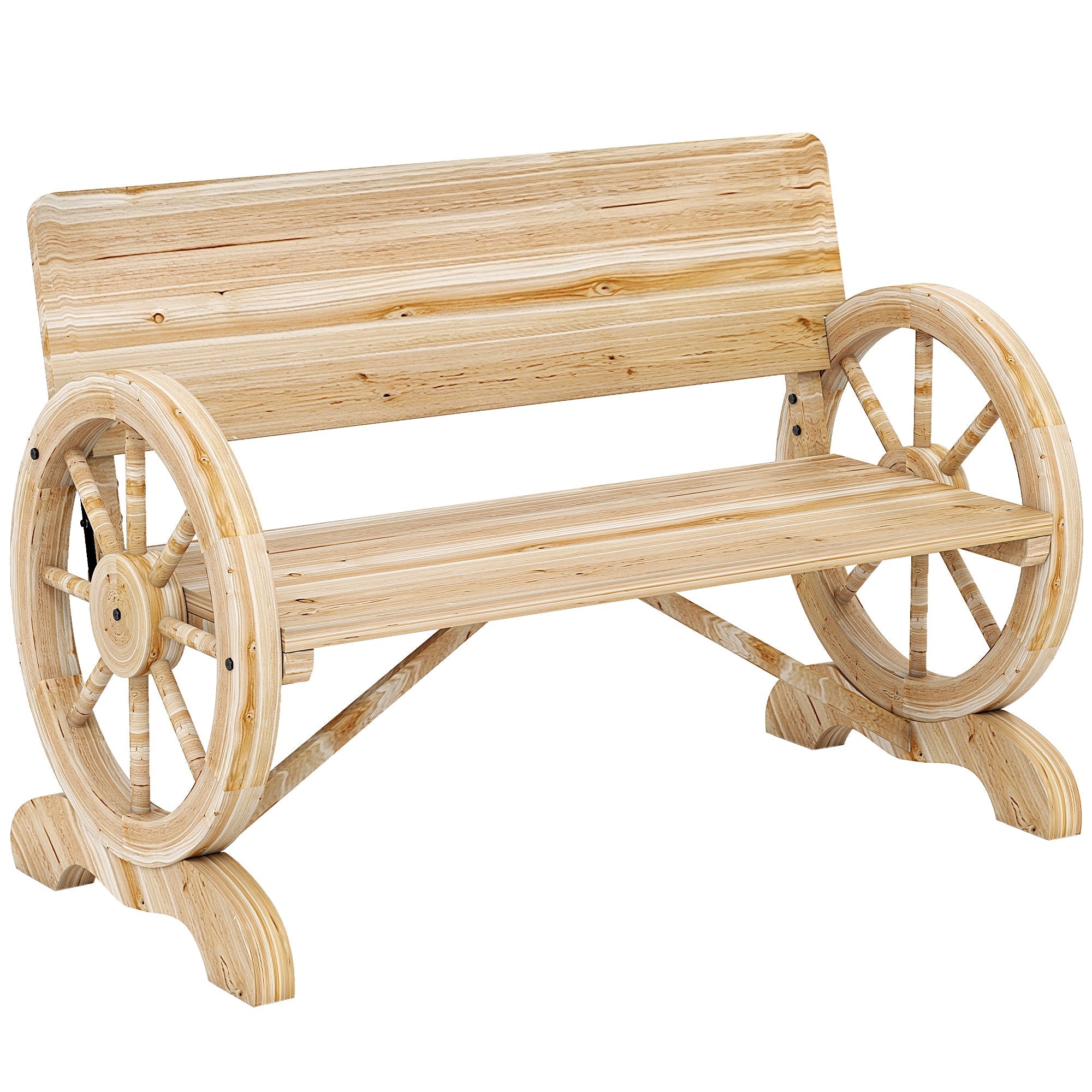 Outsunny fir wood wagon wheel bench with natural wood finish featuring two large wagon wheels and slatted backrest