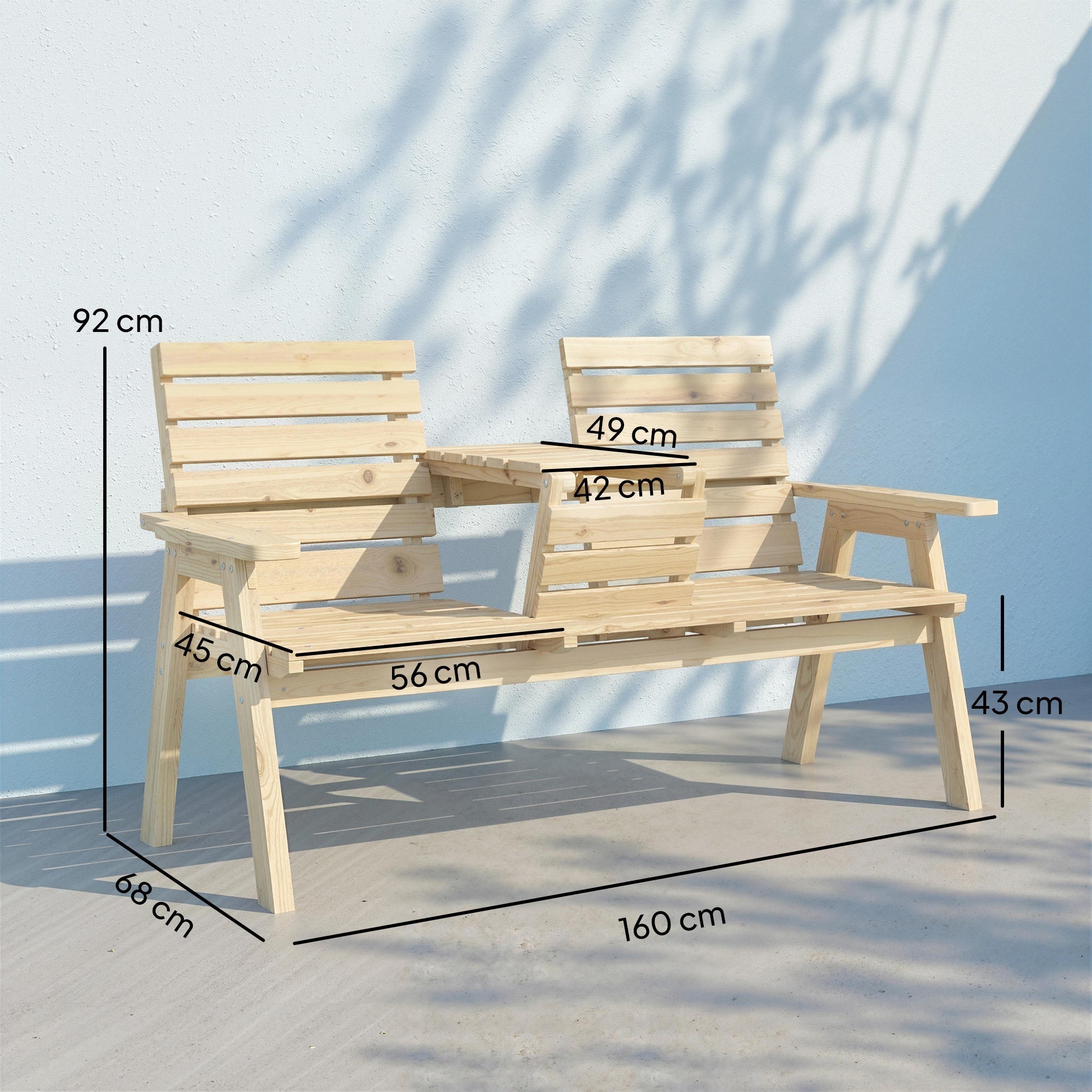 Outsunny fir wood garden bench with two seats and central table in natural wood finish for outdoor use