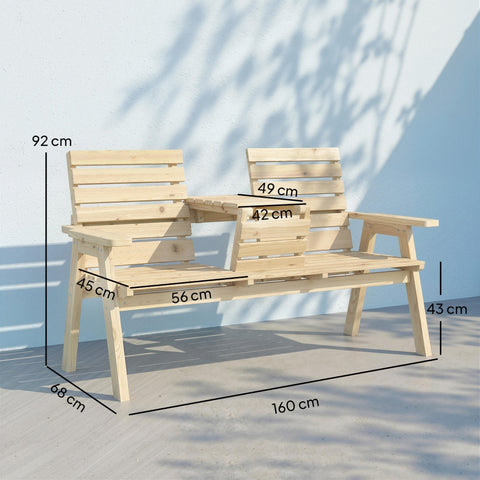 Outsunny fir wood garden bench with two seats and central table in natural wood finish for outdoor use