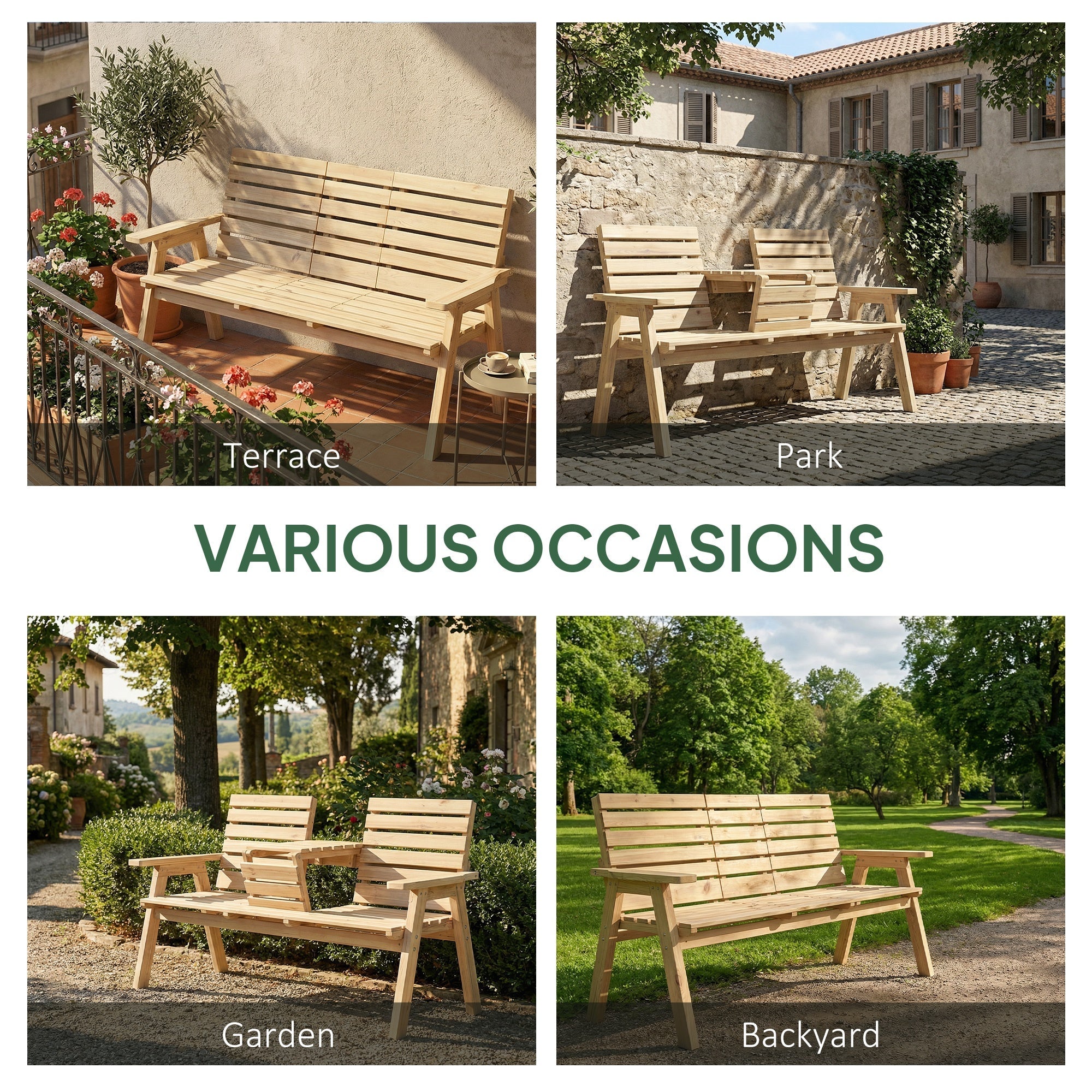 Light-colored fir wood garden bench with slatted seat and natural wood finish for two people outdoors