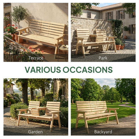 Light-colored fir wood garden bench with slatted seat and natural wood finish for two people outdoors