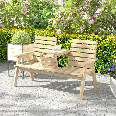 Outsunny fir wood garden bench with natural wood finish features a light-colored double-seater and central table