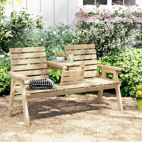 Outsunny fir wood garden bench with slatted seating armrests and natural wood finish featuring a central table