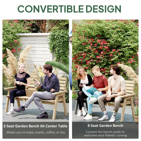 Outsunny fir wood garden bench with natural wood finish converts from two to three seats with center table