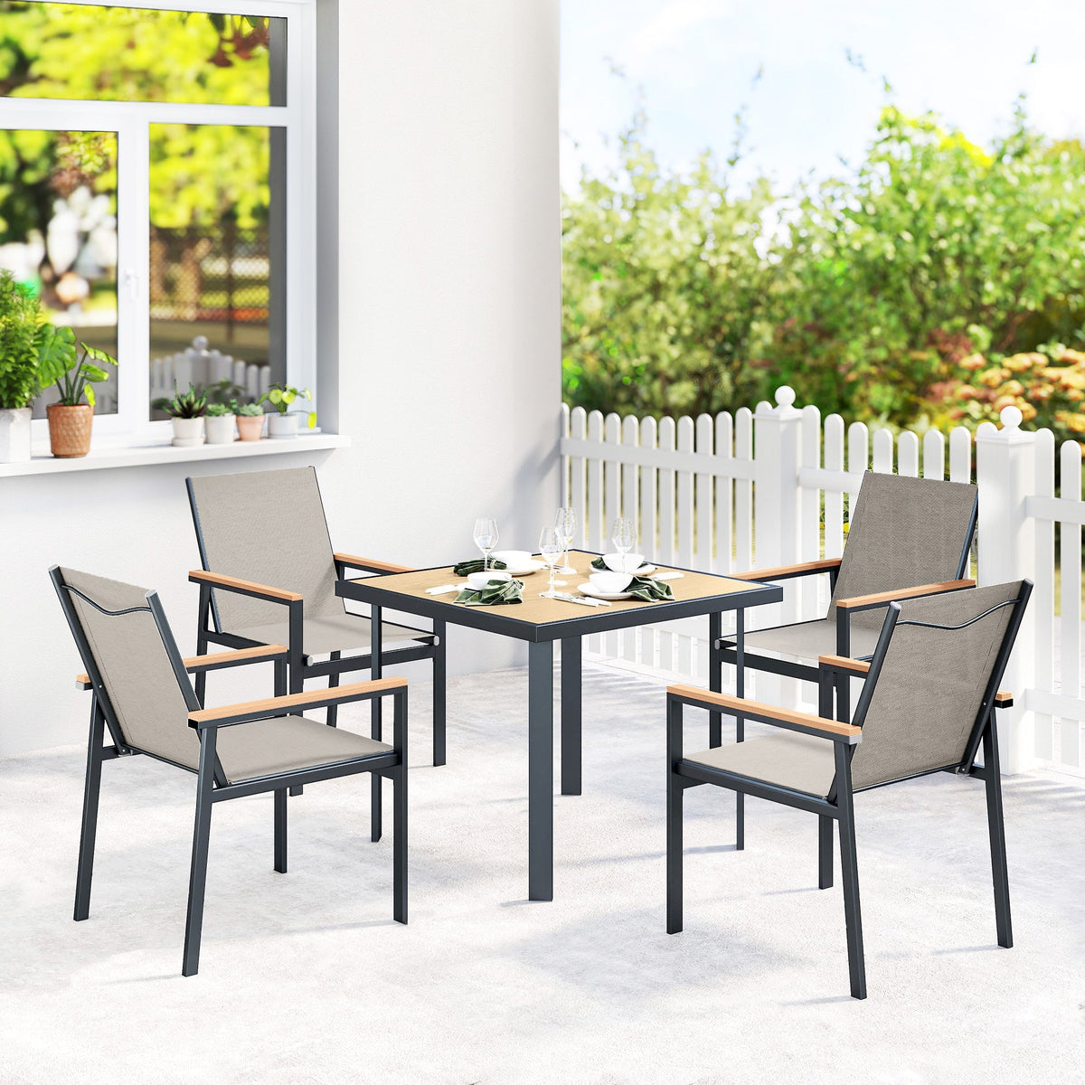 Outsunny five-piece metal dining set with wood-effect tempered glass table and khaki fabric chairs outdoor furniture set