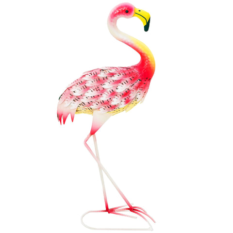 A vibrant pink outsunny flamingo garden statue with yellow beak, black-tipped feathers, metal build, and u-shaped ground stakes