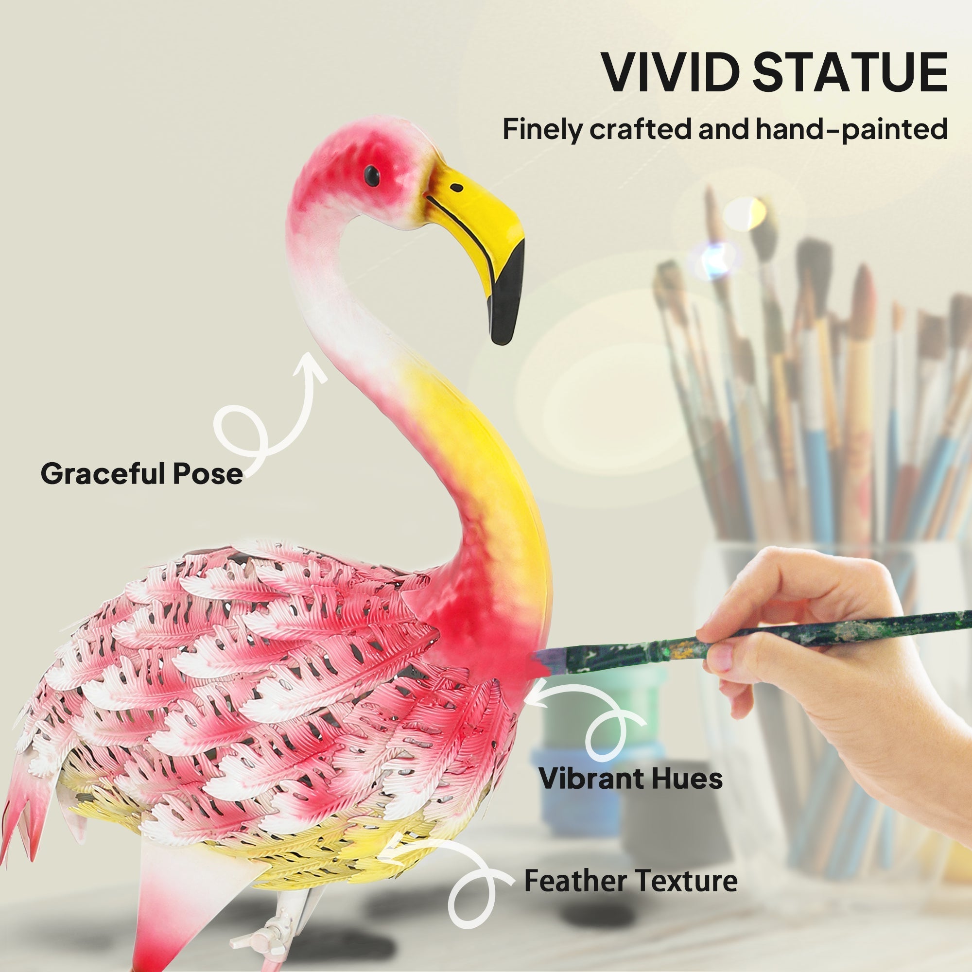 Outsunny brightly painted pink and yellow metal flamingo garden statue with detailed feathers and u-shaped ground stakes