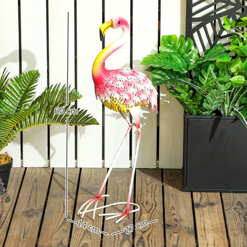 Outsunny pink and yellow metal flamingo garden statue with u-shaped ground stakes for outdoor landscape decoration