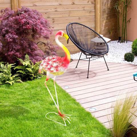 Outsunny garden statue metal flamingo in pink and yellow with u-shaped ground stakes for outdoor lawn decor