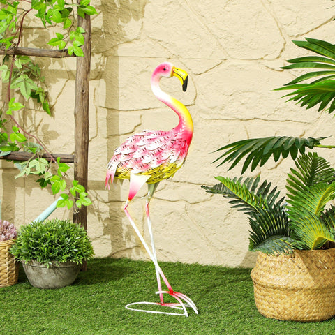 Outsunny pink and yellow metal flamingo garden statue with black beak and ground stakes for u-shaped ground use