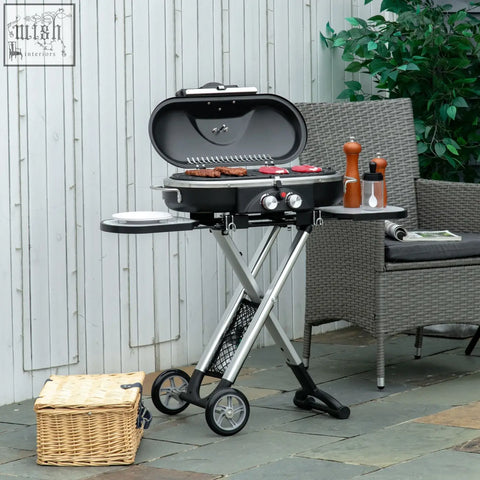 Black outsunny foldable gas bbq grill with 2 gas burners mesh pocket piezo ignition and aluminum alloy frame for outdoor cooking