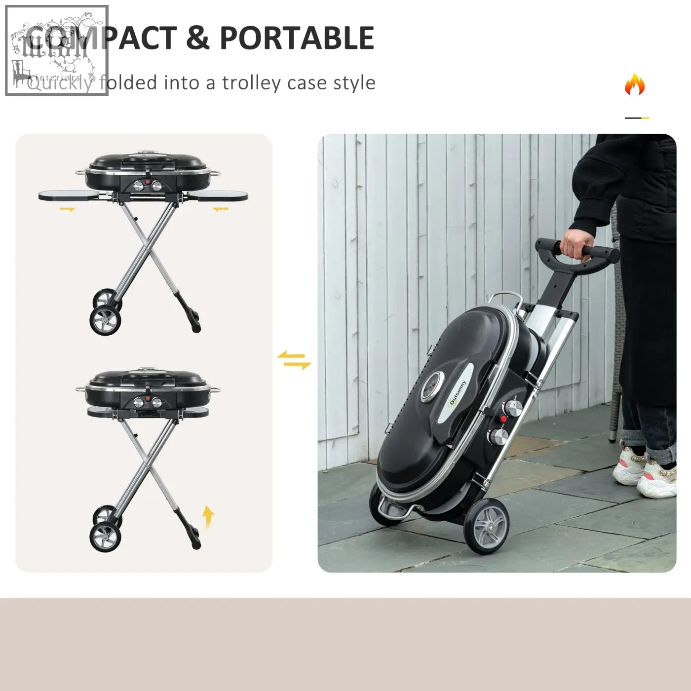 Black and silver outsunny gas grill with foldable trolley, 2 gas burners, piezo ignition, mesh pocket, and side shelves