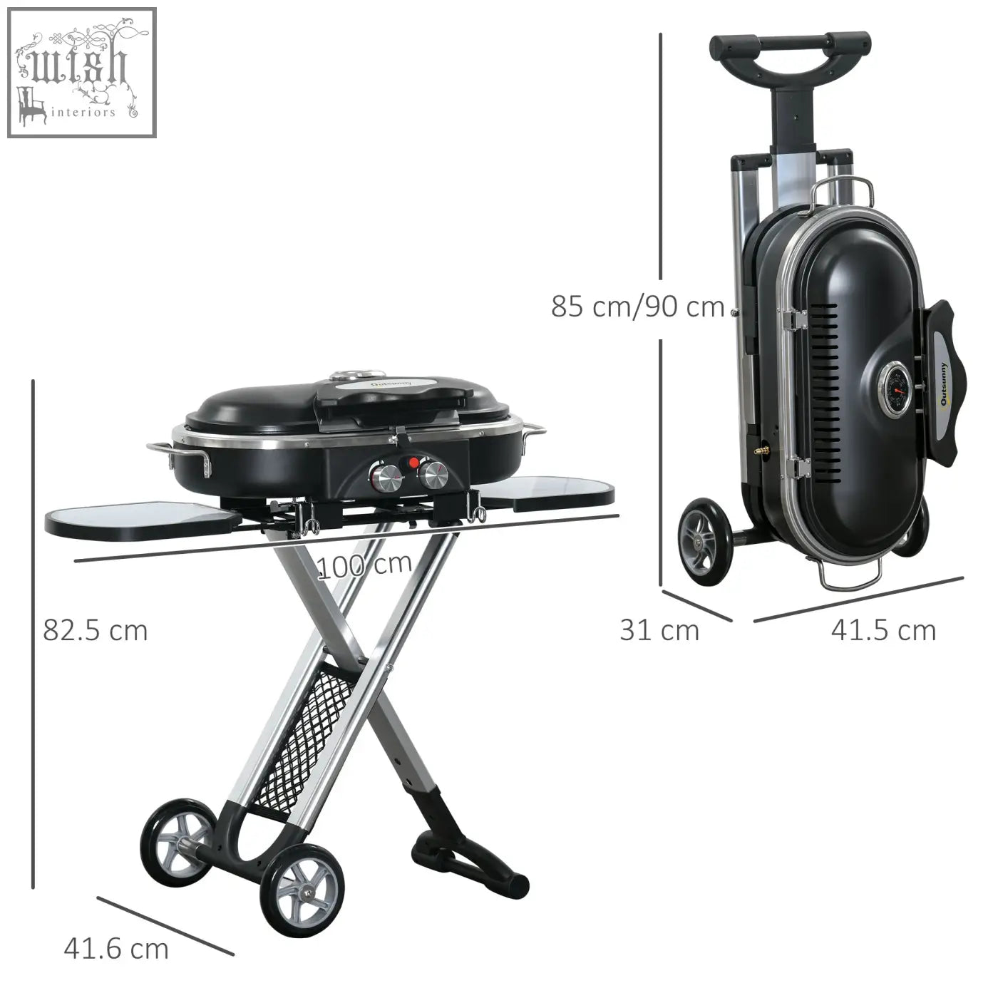 Outsunny foldable black and silver gas bbq grill with 2 gas burners, piezo ignition, mesh pocket, foldable legs, and wheels