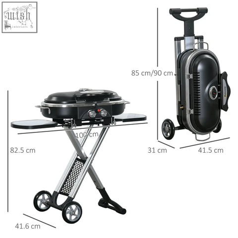 Outsunny foldable black and silver gas bbq grill with 2 gas burners, piezo ignition, mesh pocket, foldable legs, and wheels