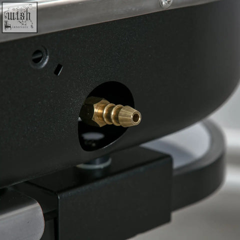 Gold-colored brass gas connector on the back side of outsunny foldable gas bbq grill with two burners and piezo ignition