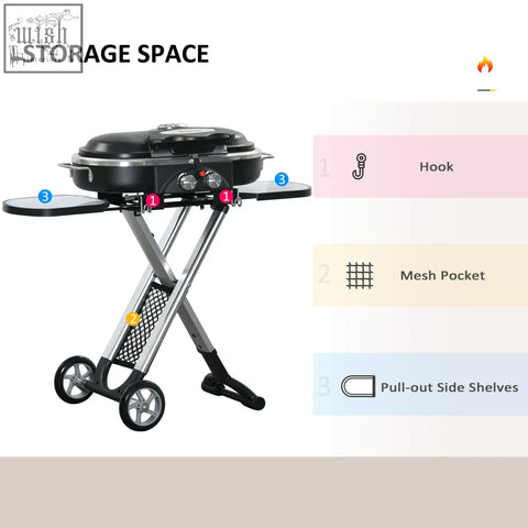 Black Outsunny foldable gas BBQ grill with 2 gas burners, piezo ignition, mesh pocket, and aluminum alloy legs with wheels