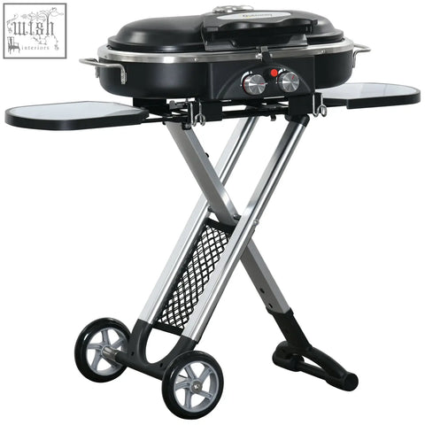 Black and silver Outsunny foldable gas bbq grill with 2 gas burners piezo ignition mesh pocket and aluminum alloy trolley