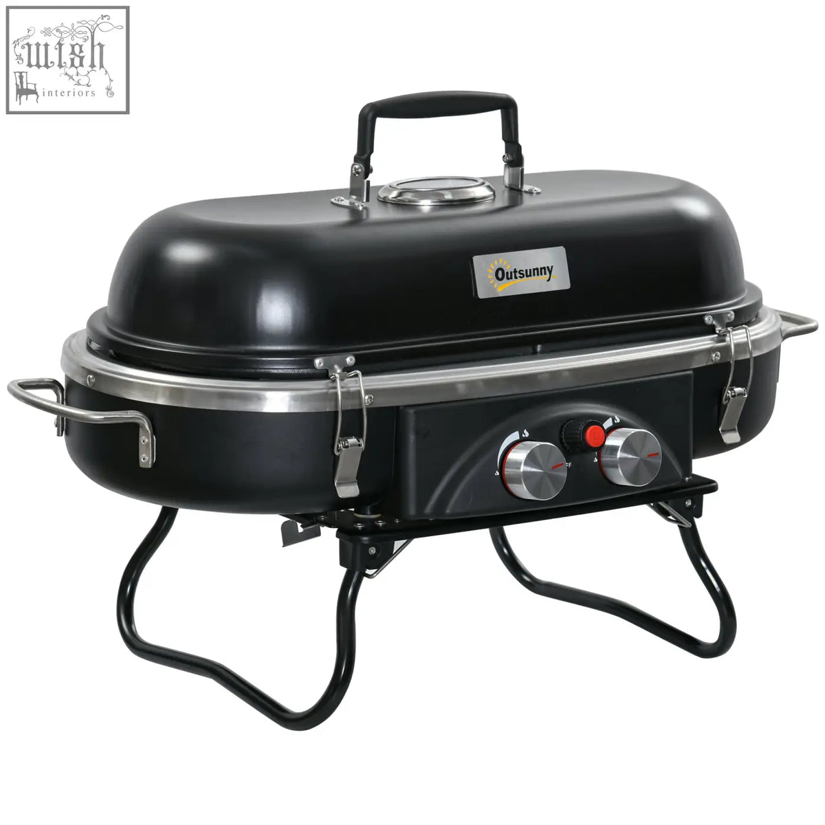 Black outsunny foldable gas bbq grill with two gas burners stainless steel accents and piezo ignition for camping