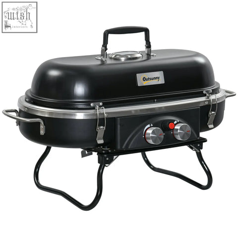 Black outsunny foldable gas bbq grill with two gas burners stainless steel accents and piezo ignition for camping